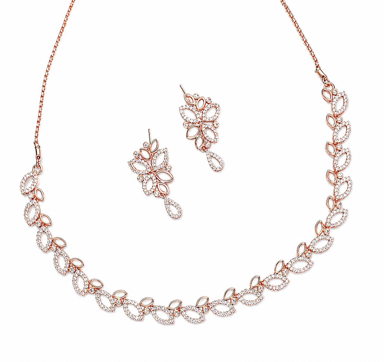 Rose Gold Leaf Style White Diamond Necklace + Earrings Set