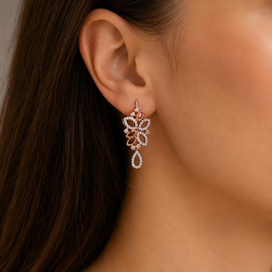 Rose Gold Leaf Style White Diamond Necklace + Earrings Set