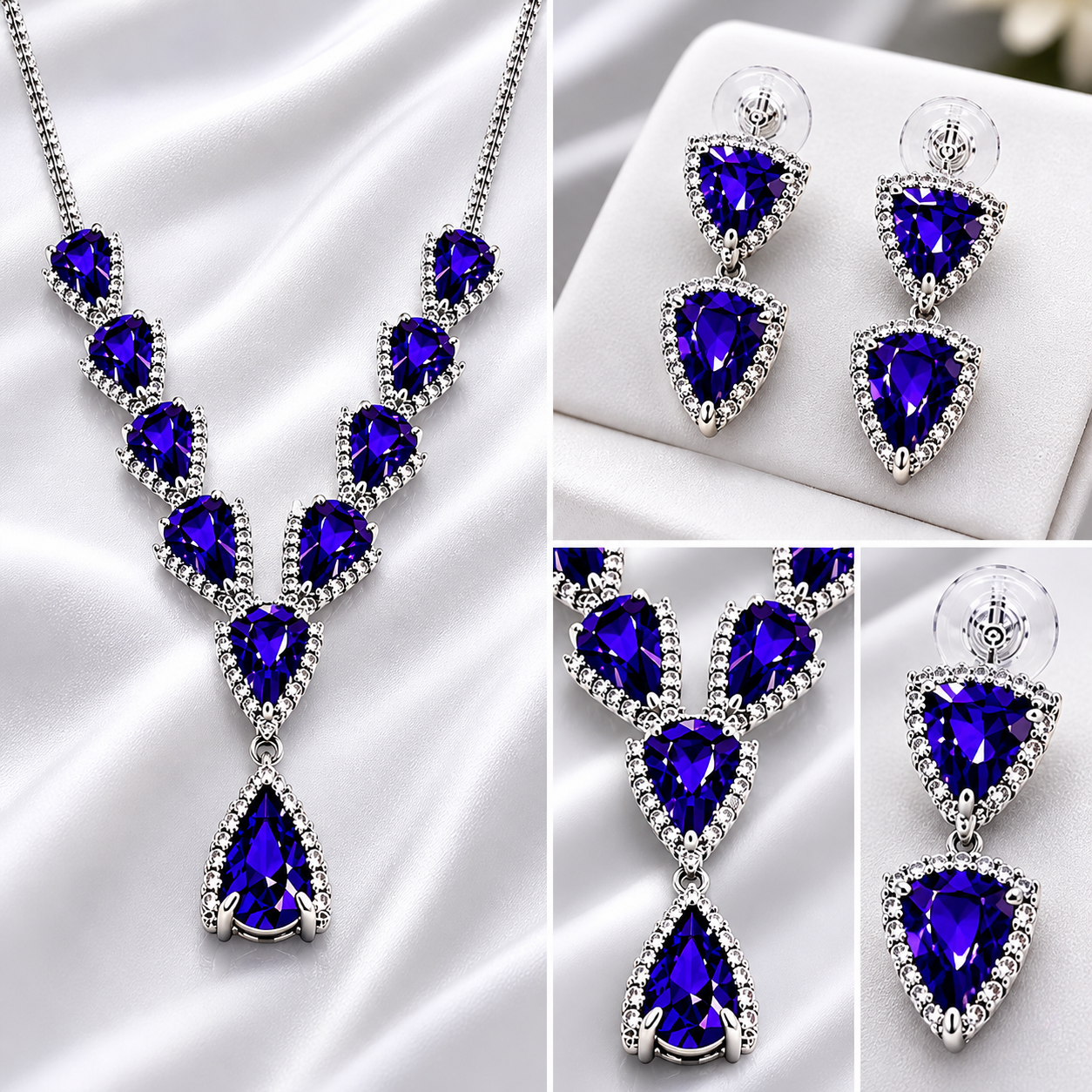 Silver Purple Stone Necklace + Earrings