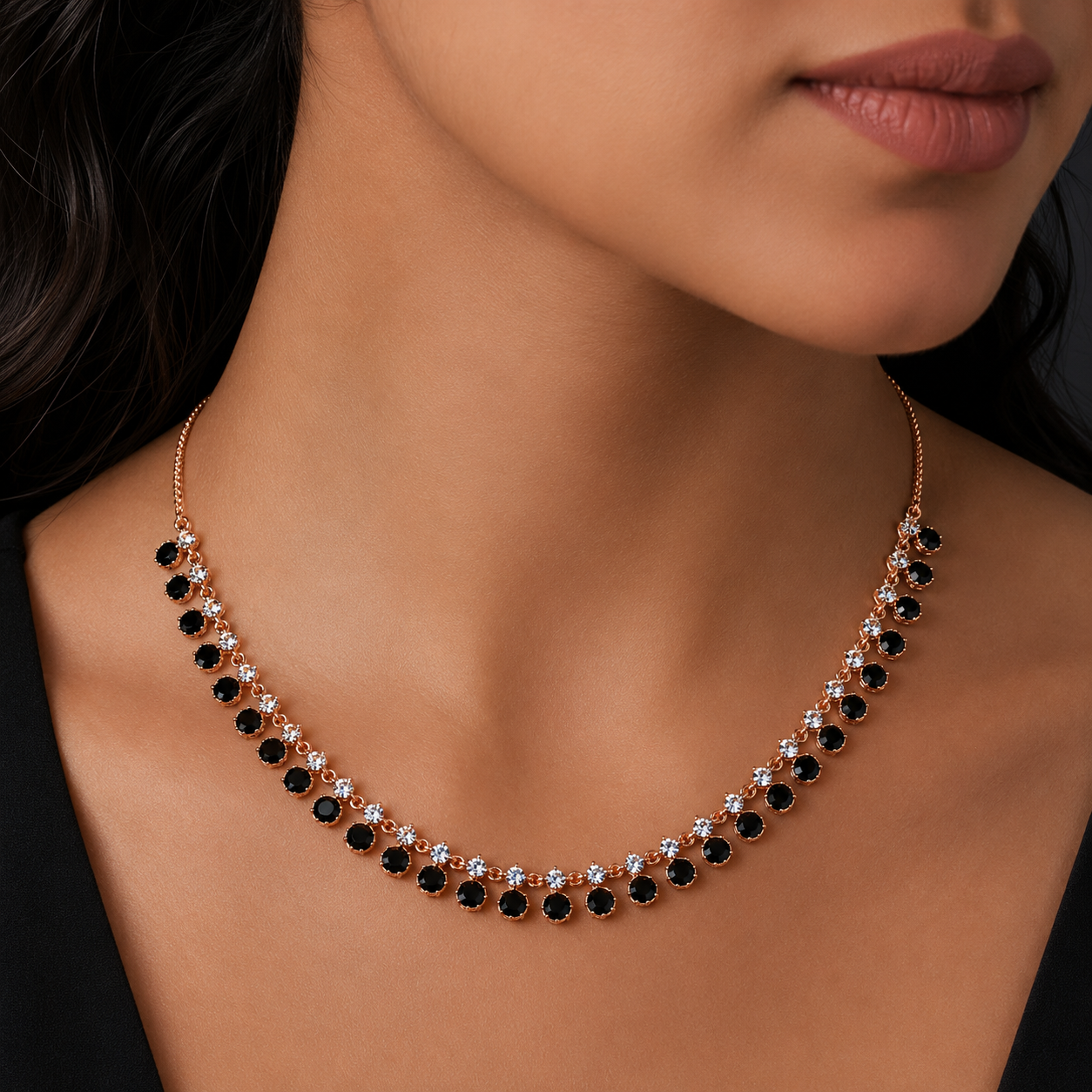 Rose Gold Black Stone Necklace + Free Earrings