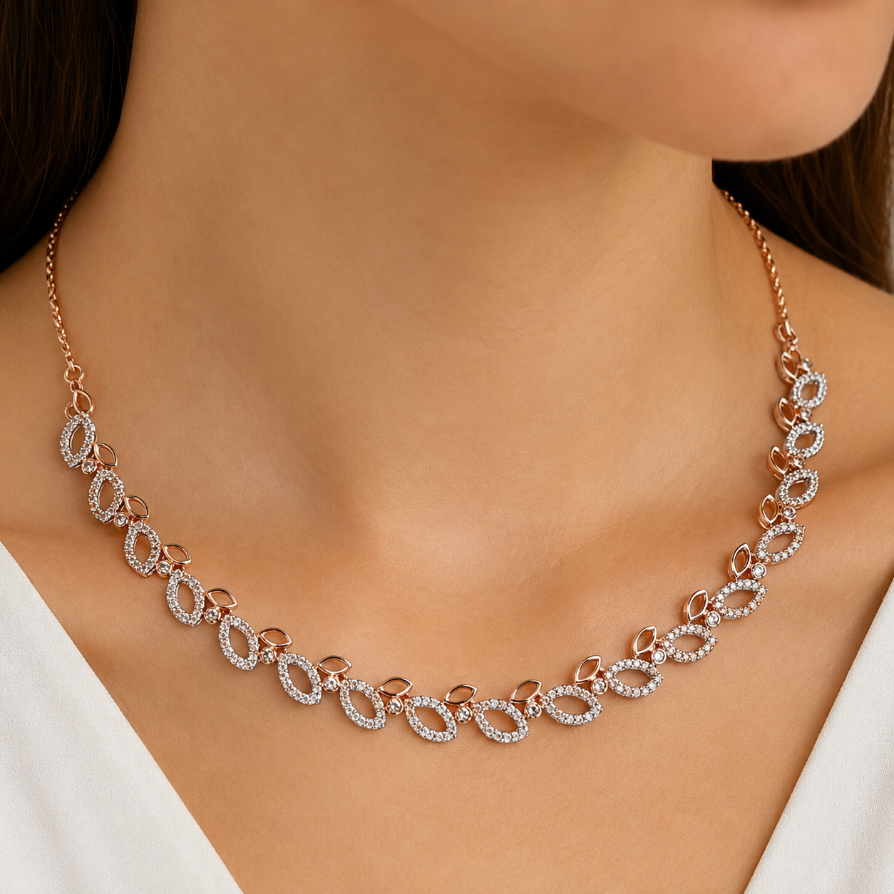 Rose Gold Leaf Style White Diamond Necklace + Earrings Set